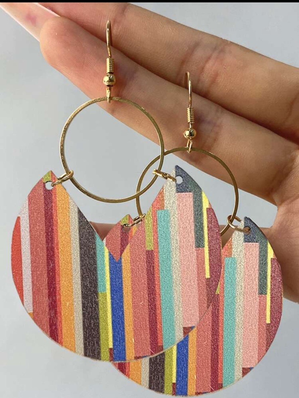 Multicolor Striped Leather Hoop Drop Earrings - Women Jewelry